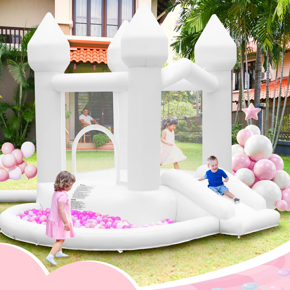 FBSPORT White Bounce House, Inflatable Bouncer with Air Blower,Indoor & Outdoor Bouncy Castle with Big Ball Pit for Wedding Party Kids Birthday Party, Easy to Install FBSPORT