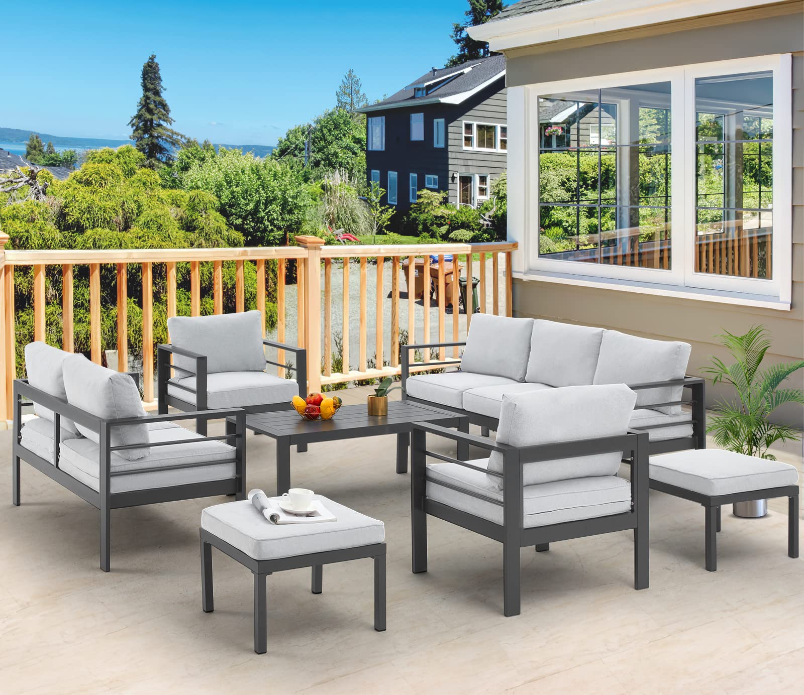 AECOJOY Aluminum Patio Furniture Set, Modern Outdoor Patio Furniture with Coffee Table, 7 Pieces Outdoor Conversation Set with Grey Cushions for Balcony, Porch, Lawn - WoodArtSupply