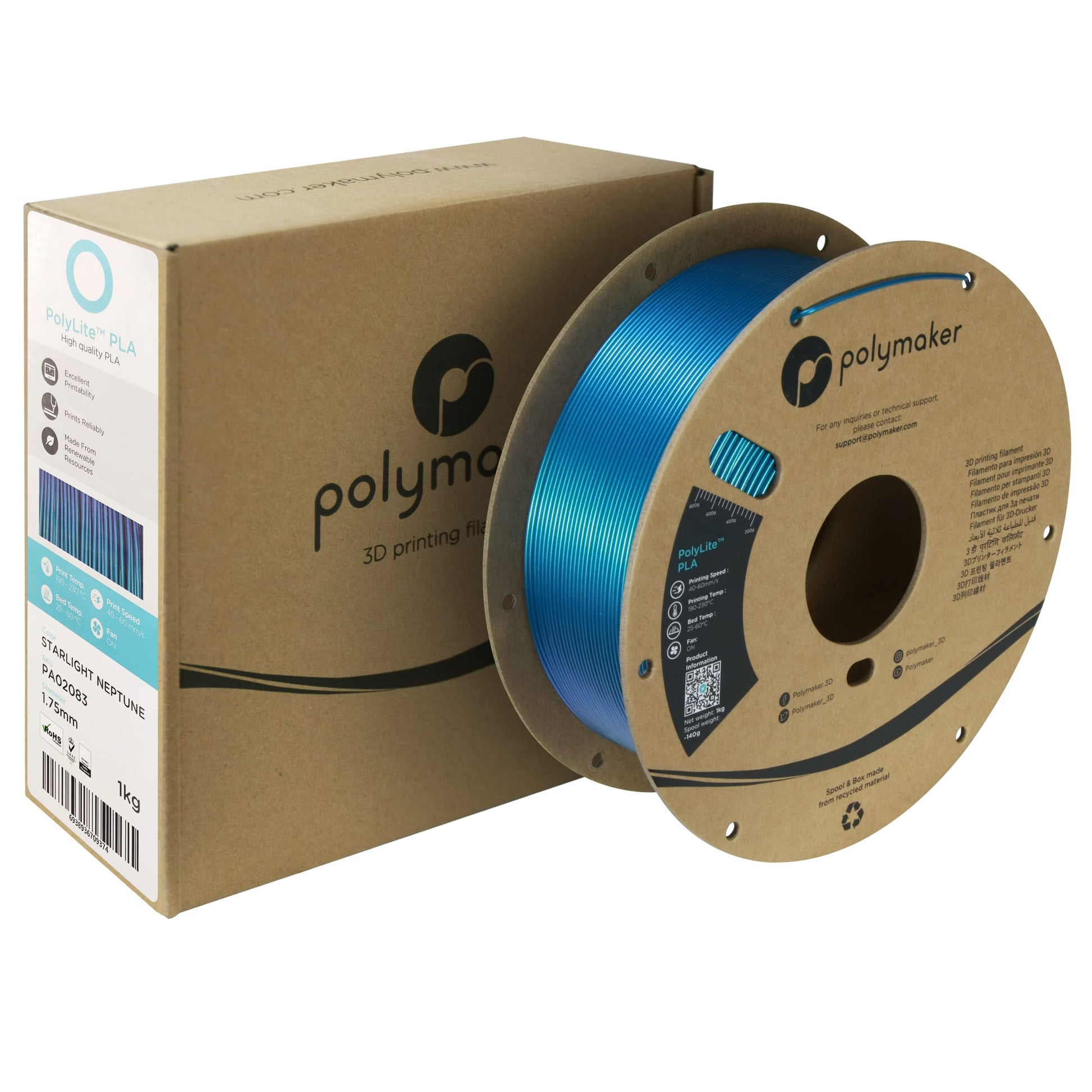 Polymaker Color Changeable Starlight Blue PLA 3D Printer Filament 1.75mm, Different Color by Light, Barely Visible Layer Lines - Starlight Neptune 1.75 PLA Metallic Filament, 1kg - WoodArtSupply