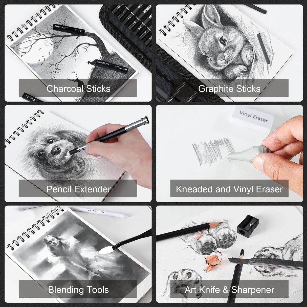 HIFORNY 42 PCS Drawing Set, Sketching Kit with Graphite & Charcoal Pencils, Blending Tools, Erasers & Accessories, Portable Zippered Travel Case for Artists & Beginners HIFORNY