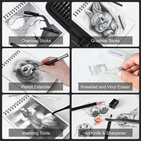 HIFORNY 42 PCS Drawing Set, Sketching Kit with Graphite & Charcoal Pencils, Blending Tools, Erasers & Accessories, Portable Zippered Travel Case for Artists & Beginners HIFORNY