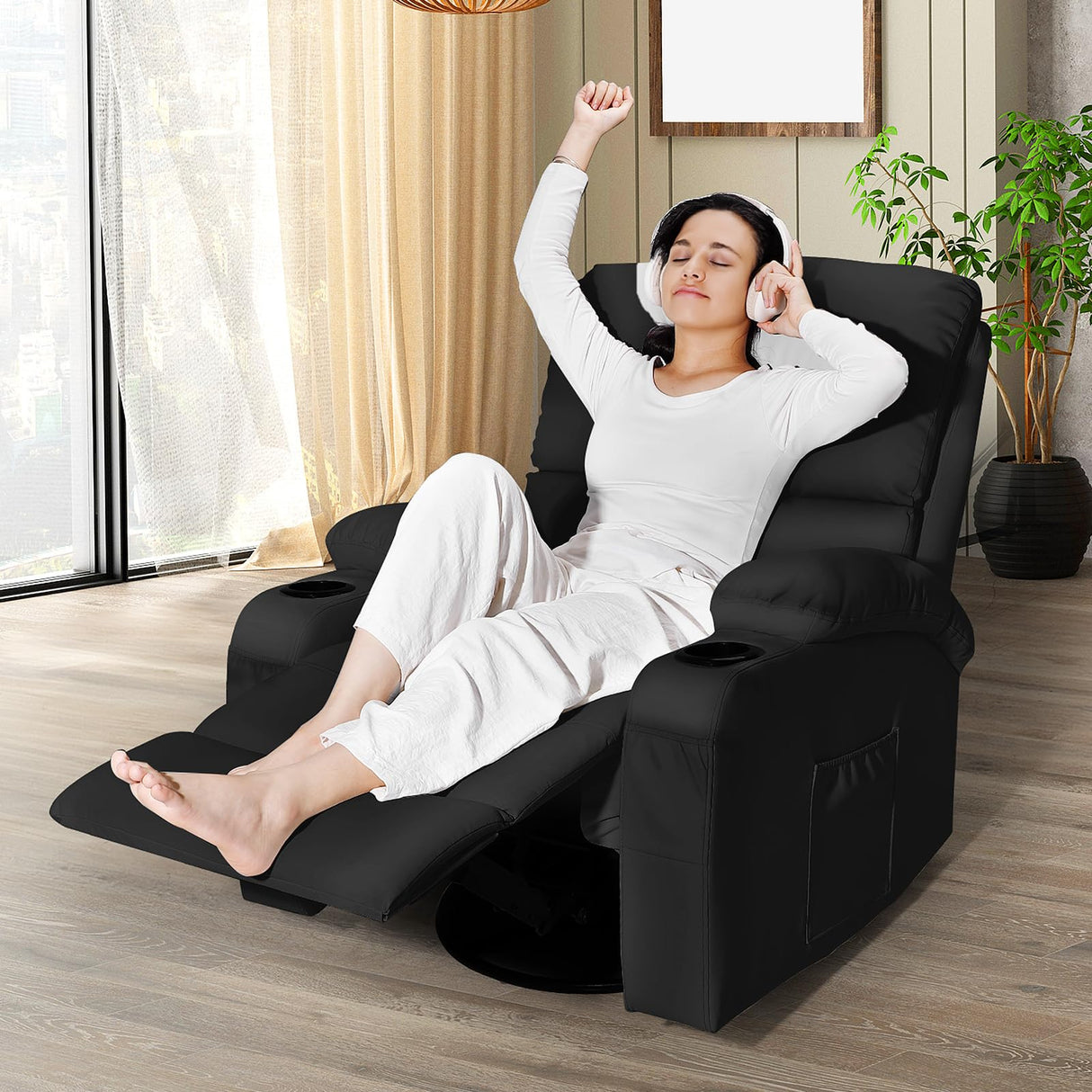 LAFWELL Rocking Recliner Chair, Massage Rocker Recliner Chair with Vibration Massage and Heat, USB and Type-C Ports,360° Swivel Faux Leather Chairs, Living Room, Bedroom, Nursery, RV, Black LAFWELL