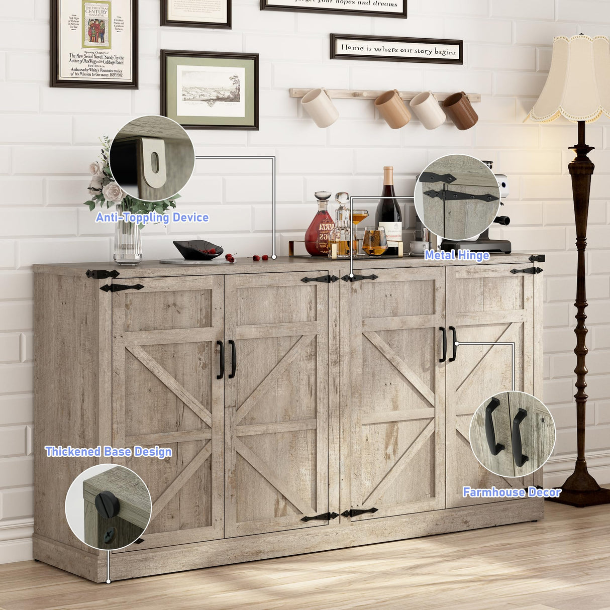 Sideboard Buffet Cabinet with Storage - 65 Inch Farmhouse Kitchen Pantries Sideboard Cabinets with Adjustable Shelves, Wooden Coffee Bar Cabinet Buffet Table for Kitchen, Dining Room, Oak chartustriable