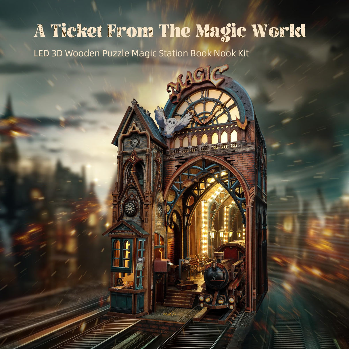 FUNPOLA LED 3D Puzzle Magic Station Book Nook Kit - Interactive 3D Wood Puzzle LED Magical Miniature with Infinite Extension Space - DIY Bookshelf Insert Decor Gifts FUNPOLA