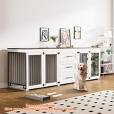 Rophefx 94.5" Dog Crate Furniture for 2 Dogs, Large Dog Kennel Furniture with 3 Storage Drawer, Wooden Dog Cage with 4 Bowls, Indoor Dog House TV Stand with Locks for Large Medium Dog, White Rophefx