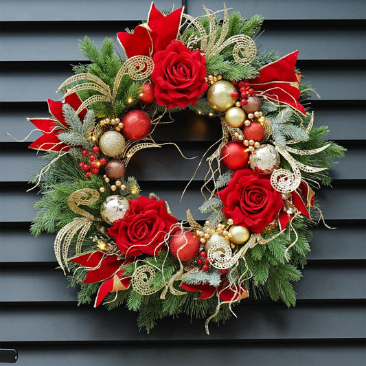 ArcadiaArt Pre-lit Christmas Wreaths for Front Door 24 Inch Outdoor Christmas Wreath with Lights,Luxury Lighted Xmas Door Wreath with Ball Ornamental,Red Rose Flowers for Farmhouse Home Decorations