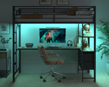 VINGLI Twin Metal Loft Bed Frame with 15 Inches Safety Guardrail, Non-Slip Ladder, 2 Charging Stations, L-Shaped Desk, Storage Shelve, 4 Drawers, LED Lights, for Kids, No Box Spring Needed, Black VINGLI