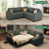 HONBAY Modular Sectional Sleeper Sofa with Pull Out Bed, Corduroy L Shaped Couch with Storage Seats, Convertible Sectional Couches for Living Room, Green HONBAY