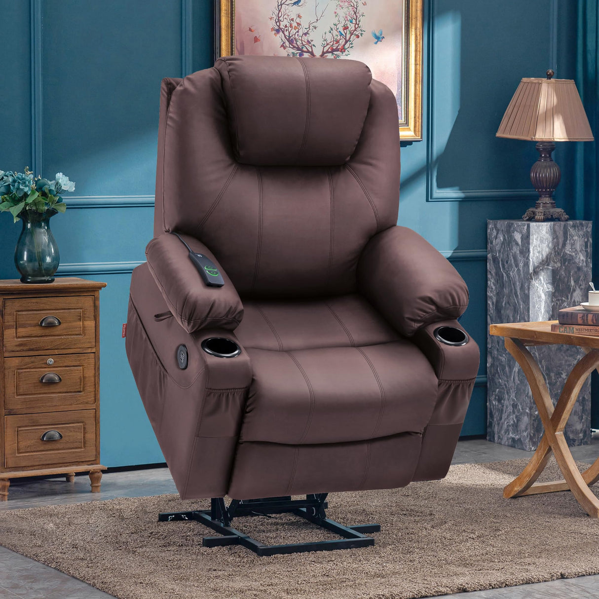 MCombo Electric Power Lift Recliner Chair Sofa with Massage and Heat for Elderly, 3 Positions, 2 Side Pockets, and Cup Holders, USB Ports, Faux Leather 7040 (Light Brown, Medium) MCombo