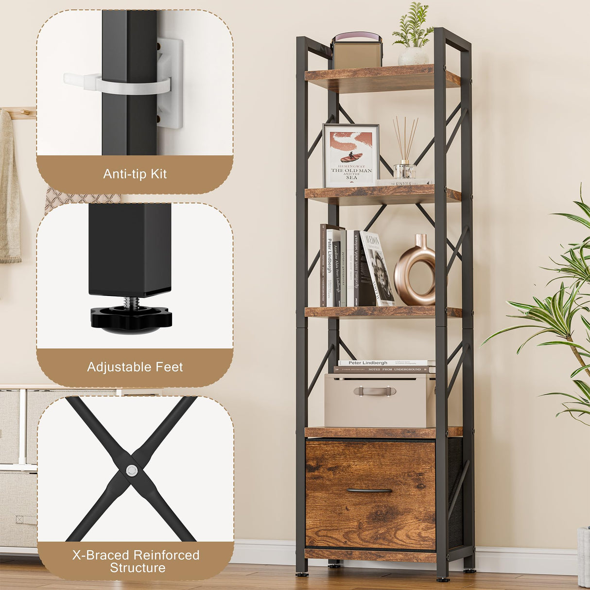 Shintenchi Bookshelf, 5 Tier Bookcase with Drawer, Modern Tall Bookshelves Storage Organizer, Industrial Book Shelves for Bedroom, Living Room, Office, Rustic Brown Shintenchi