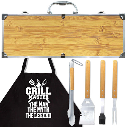 Valentines Day Grilling Accessories Gifts for Men, Heavy Duty Wooden BBQ Kit with Apron for Backyard, Thick Stainless Steel Grill Utensils with Non-Slip Handle Tools in Portable Bag for Dad Birthday