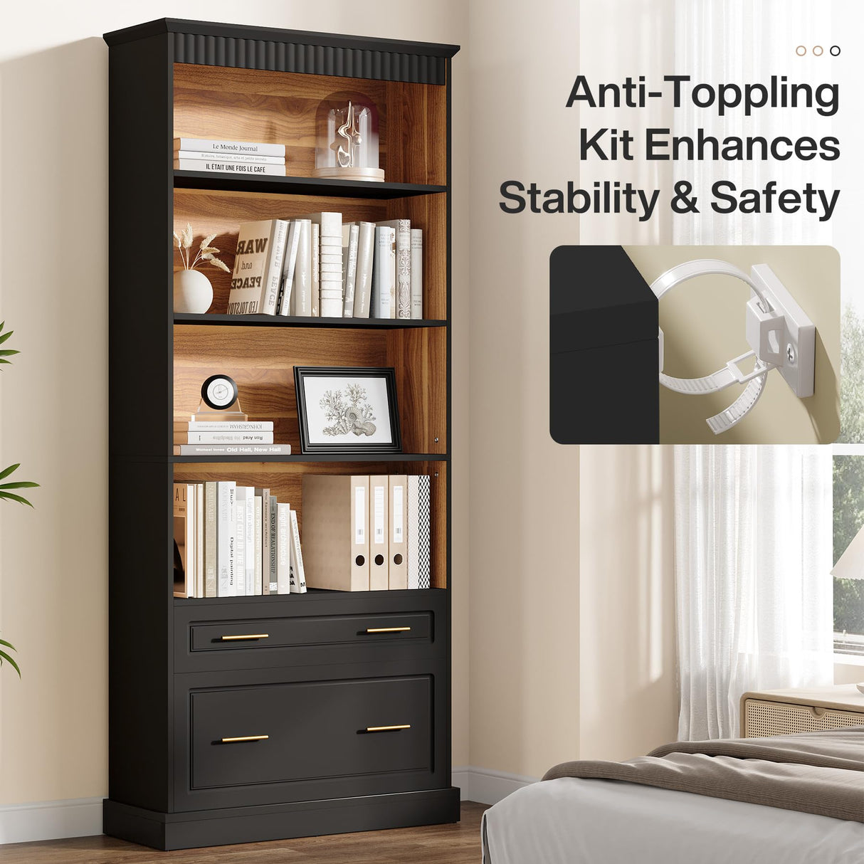 Tribesigns 5-Shelf Bookcase with File Cabinet Drawer, 72" Tall Bookshelf, Modern Free-Standing Wood Bookcase, Large Open Display Storage Book Shelf for Living Room (1, Black) Tribesigns