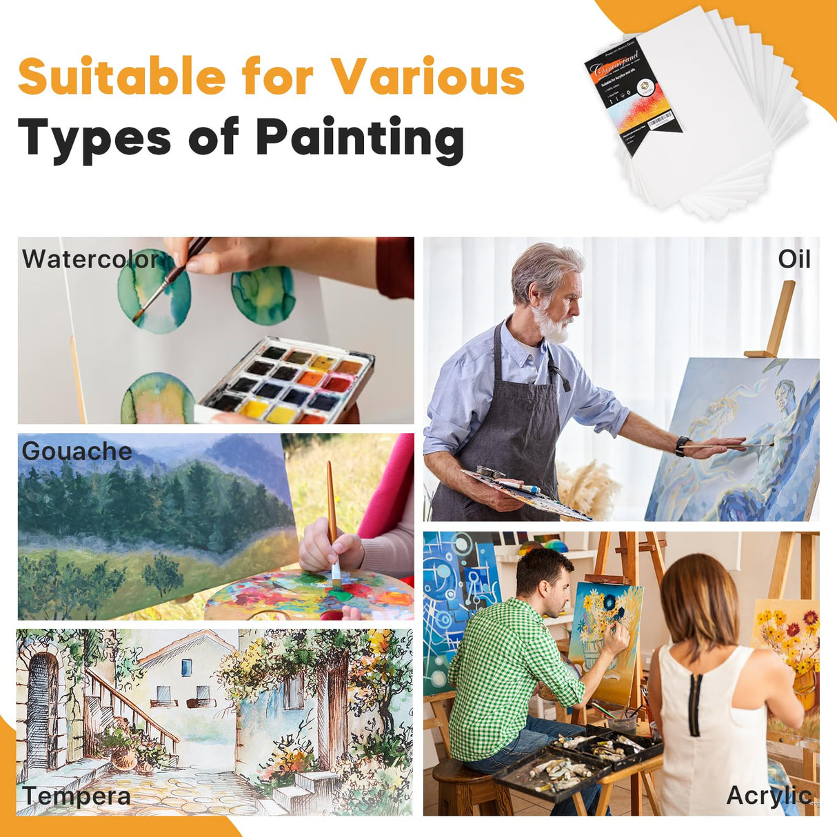 CONDA Canvas Boards for Painting, 8 x 10 inch, 12 Pack, 100% Cotton Canvas Panels, White Blank Canvases, Primed, Acid-Free, Artist Quality for Acrylic, Pouring Watercolor & Oil Painting conda