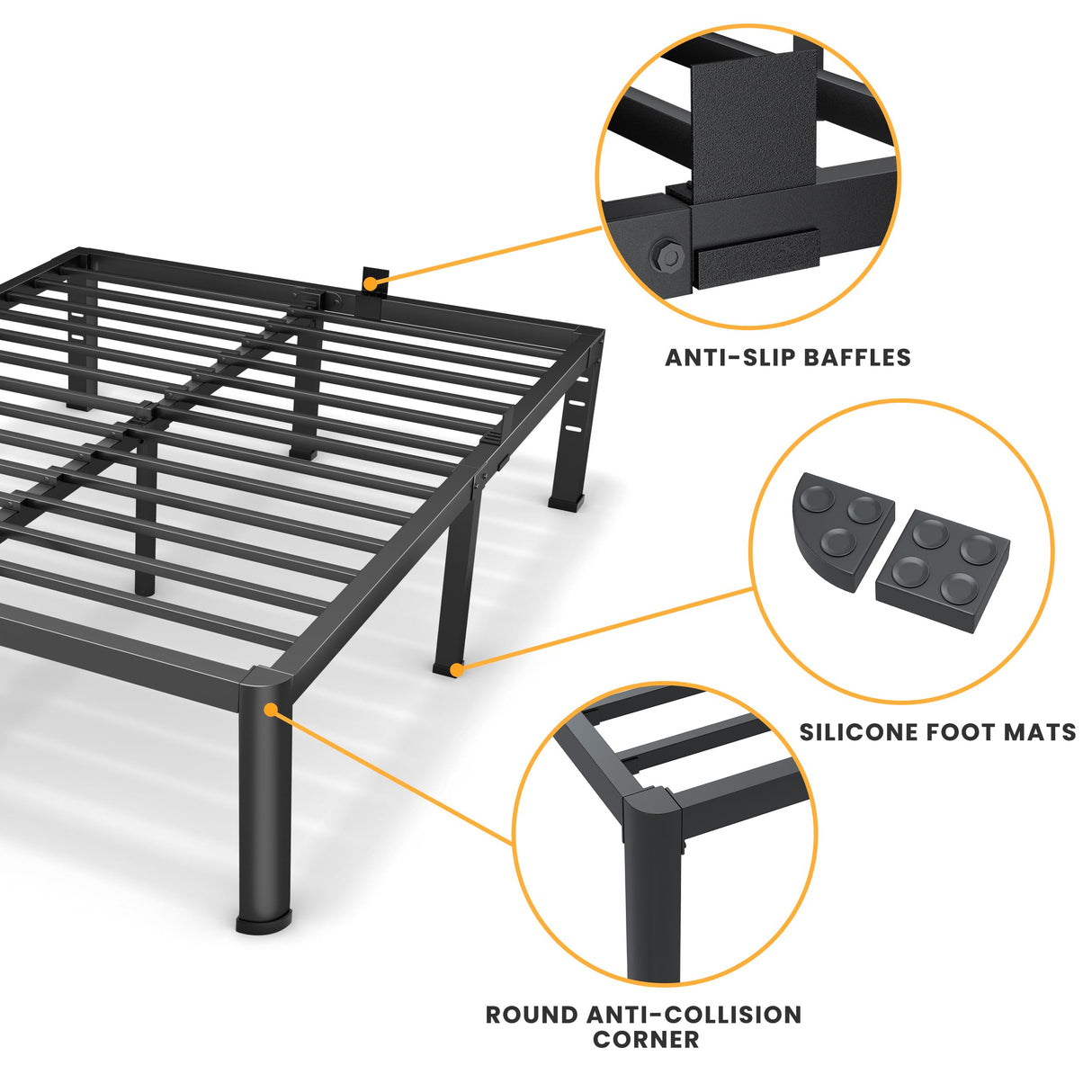 14 Inch Queen Bed Frame, Metal Platform Bed Frame with Round Corner Legs, 3500 lbs Heavy Duty Steel Slats Support, No Box Spring Needed, Noise Free, Easy Assembly, Black Superay