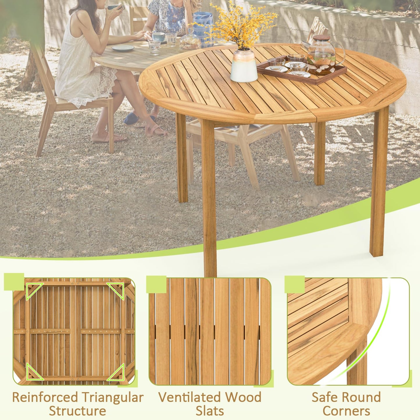 Tangkula Round Outdoor Dining Table, Acacia Wood Dining Table, 4-Person Large Dining Table, Farmhouse Patio Bistro Table, Indoor Outdoor Dining Furniture for Yard Deck Lawn Dining Room - WoodArtSupply