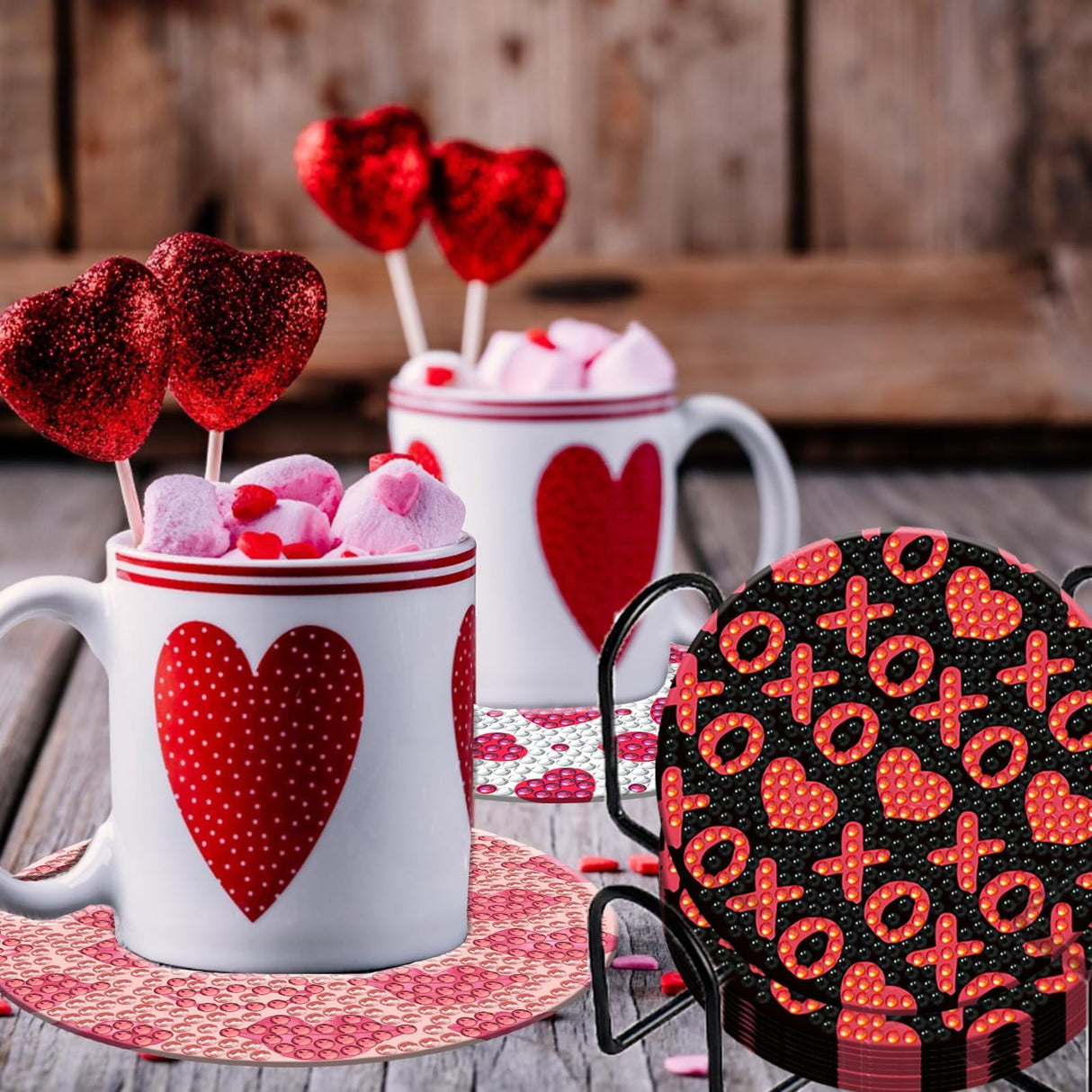 8 Pieces Heart Diamond Coasters Kits with Holder DIY Heart Diamond Art Coaster Coaster for Adults Diamond Kits Supplies for Valentine's Day Gift Demonwer