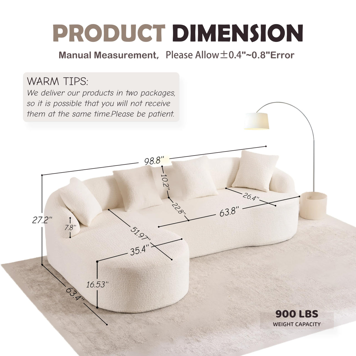 VYNELITO Oversized Sectional Sofa with Chaise for Living Room, 99" Modern Luxury Chenille 4-Seater Sofa Extra Wide Seat L-Shape Curved Cloud Couch with 4 Throw Pillows, White VYNELITO