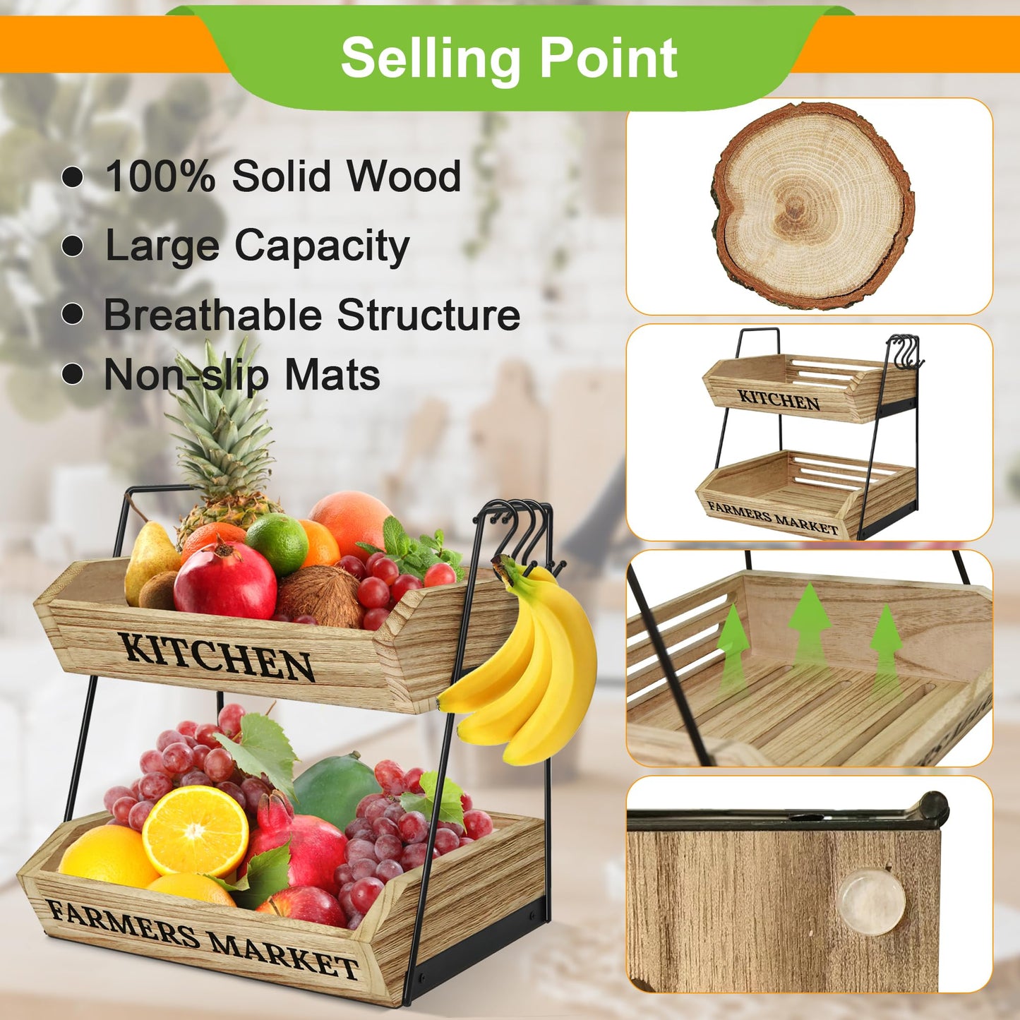 Esbainia Fruit Basket for Kitchen Countertop, 2 Tier Fruit Bowl with 3 Banana Hangers, Large Capacity Fruit Stand Storage Holder, Wooden Basket for Fruit Vegetables Snack, Kitchen Organizer Decor