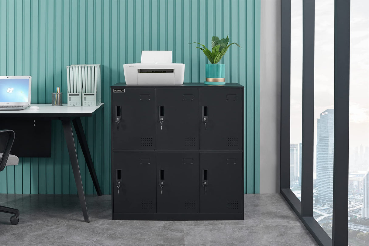 6 Door Locker Office Storage Locker Home and School Storage Organizer Metal Storage Cabinet with Lock for Classroom Gym Kids Room Playroom (Full Black) MAYROY