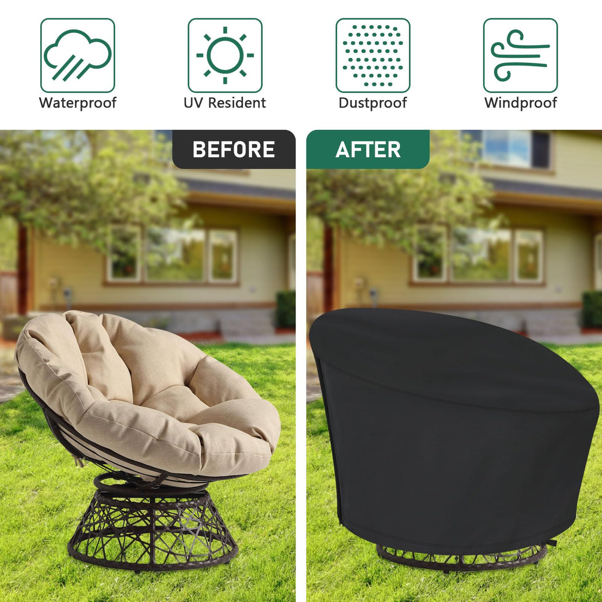 Iptienda Papasan Chair Cover, 40inch Waterproof Egg Chair Cover with Zipper for Wicker Oversized Papasan Chair/Bowl Chair, Black-40"W x 40"D x 36"H Iptienda