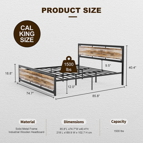 IKIFLY California King Size Industrial Metal Bed Frame with Wooden Headboard and Footboard IKIFLY