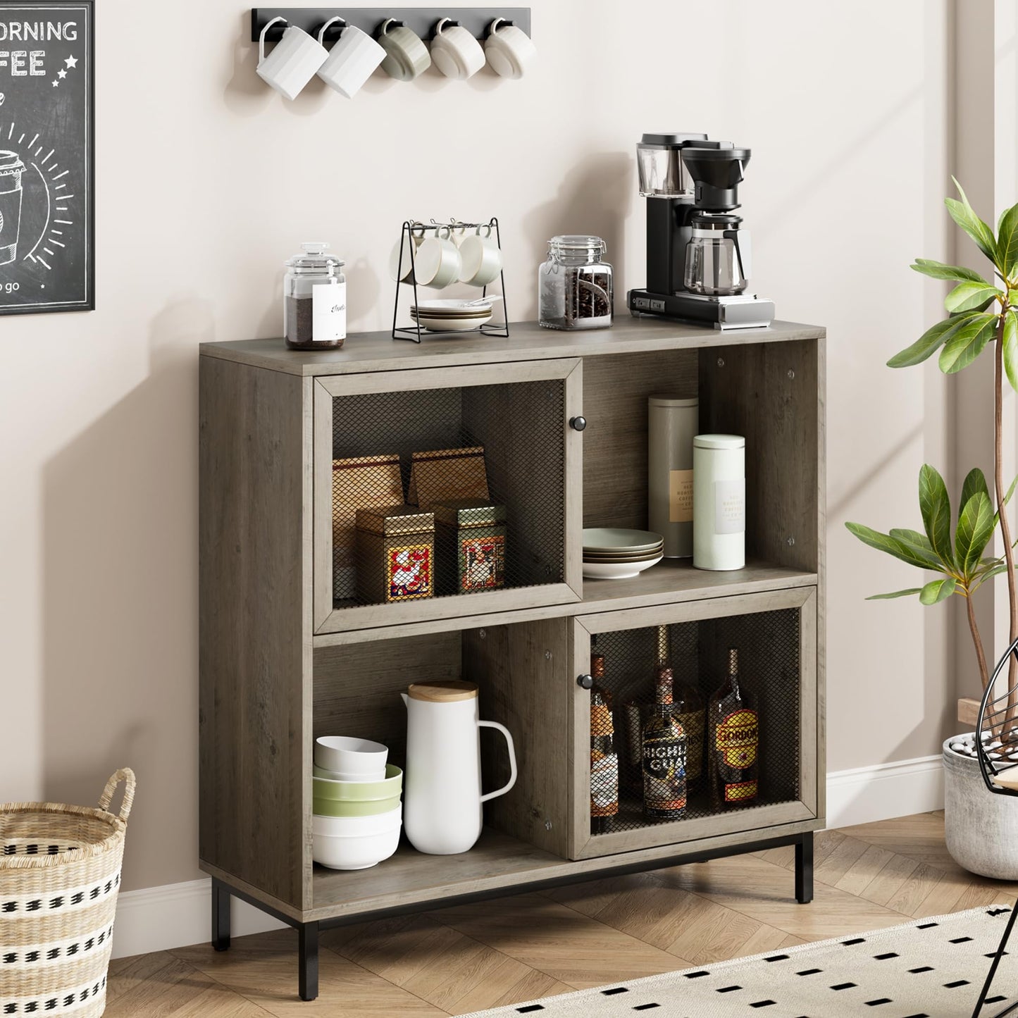 Farmhouse Grey Coffee Bar Cabinet with Sliding Doors & Ample Storage - WoodArtSupply