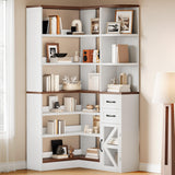 YITAHOME Corner Bookshelf with Storage, Farmhouse 6-Tier Bookshelf with Drawers and Cabinets, L-Shaped Bookcase LED Lights Corner Display Shelf for Home Office, Living Room, Bedroom YITAHOME