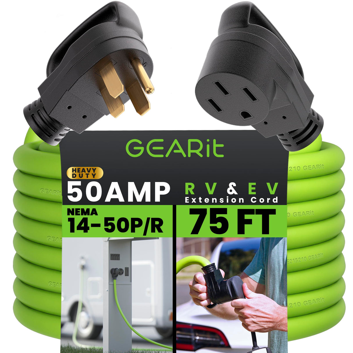 GEARit 50-Amp Extension Cord for RV and EV, 250-Volt, 4-Prong, Compatible with Tesla Model 3 Model Y Model X Model S, NEMA 14-50P to 14-50R 6/3, 8/1 STW AWG Gauge, Charging, Waterproof, 75 ft, Green GearIT