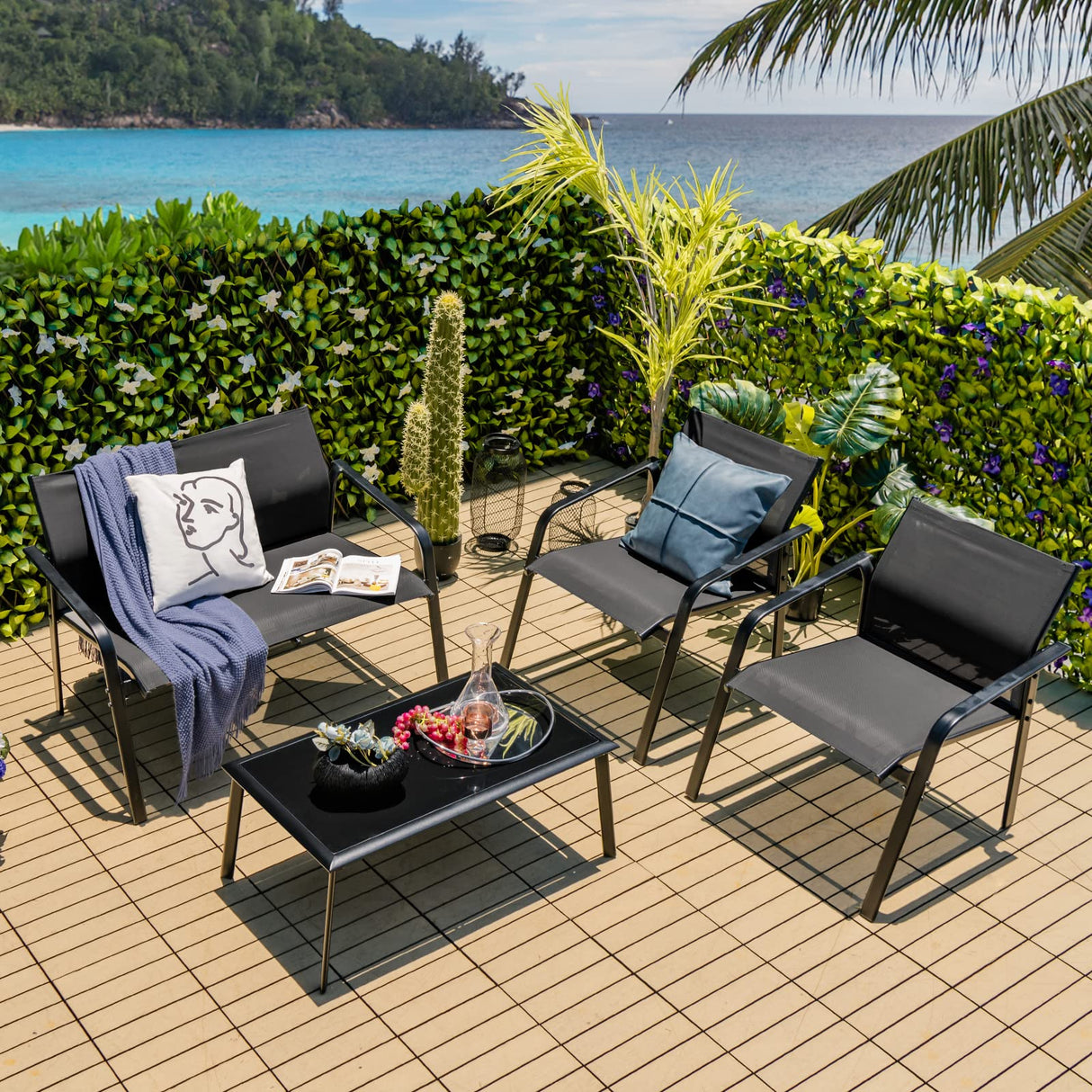 Tangkula 4 Pieces Patio Furniture Set, Outdoor Conversation Set with Tempered Glass Coffee Table, Outdoor Bistro Set with Fabric and Anti-Rust Steel Frame for Garden, Poolside and Backyard (Black) Tangkula