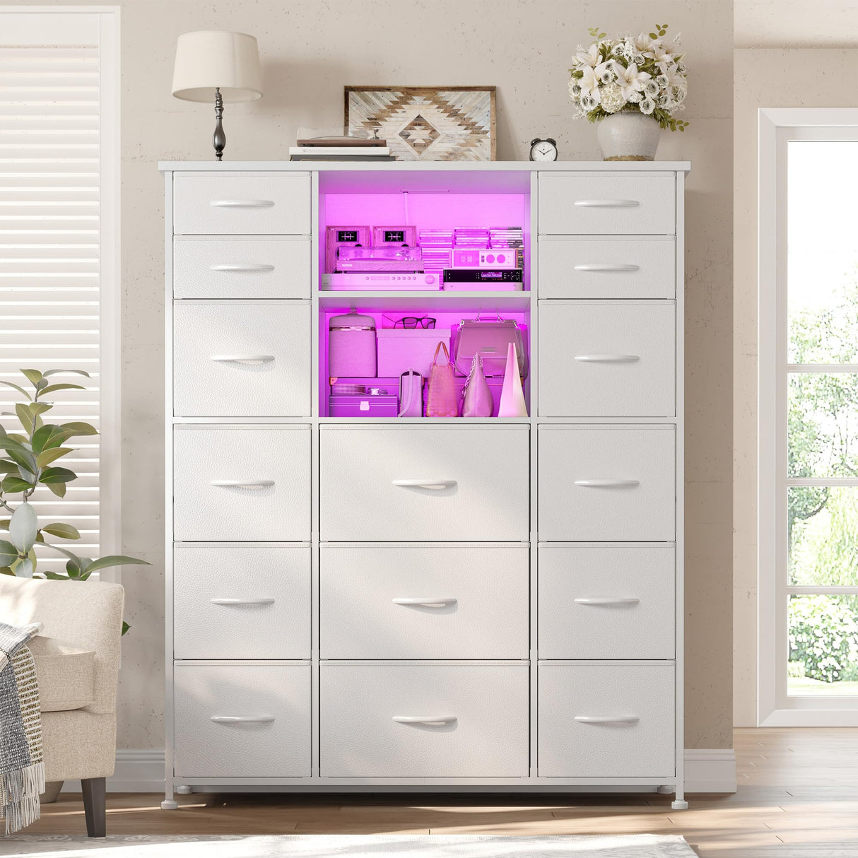 EnHomee 51" H White Dresser with 15 Drawers Dresser for Bedroom with Charging Station & LED Lights & Hutch Sturdy Bedroom Dressers, Steel Frame, Wood Top, 51.2" H x 39.3" W x 11.8" D EnHomee