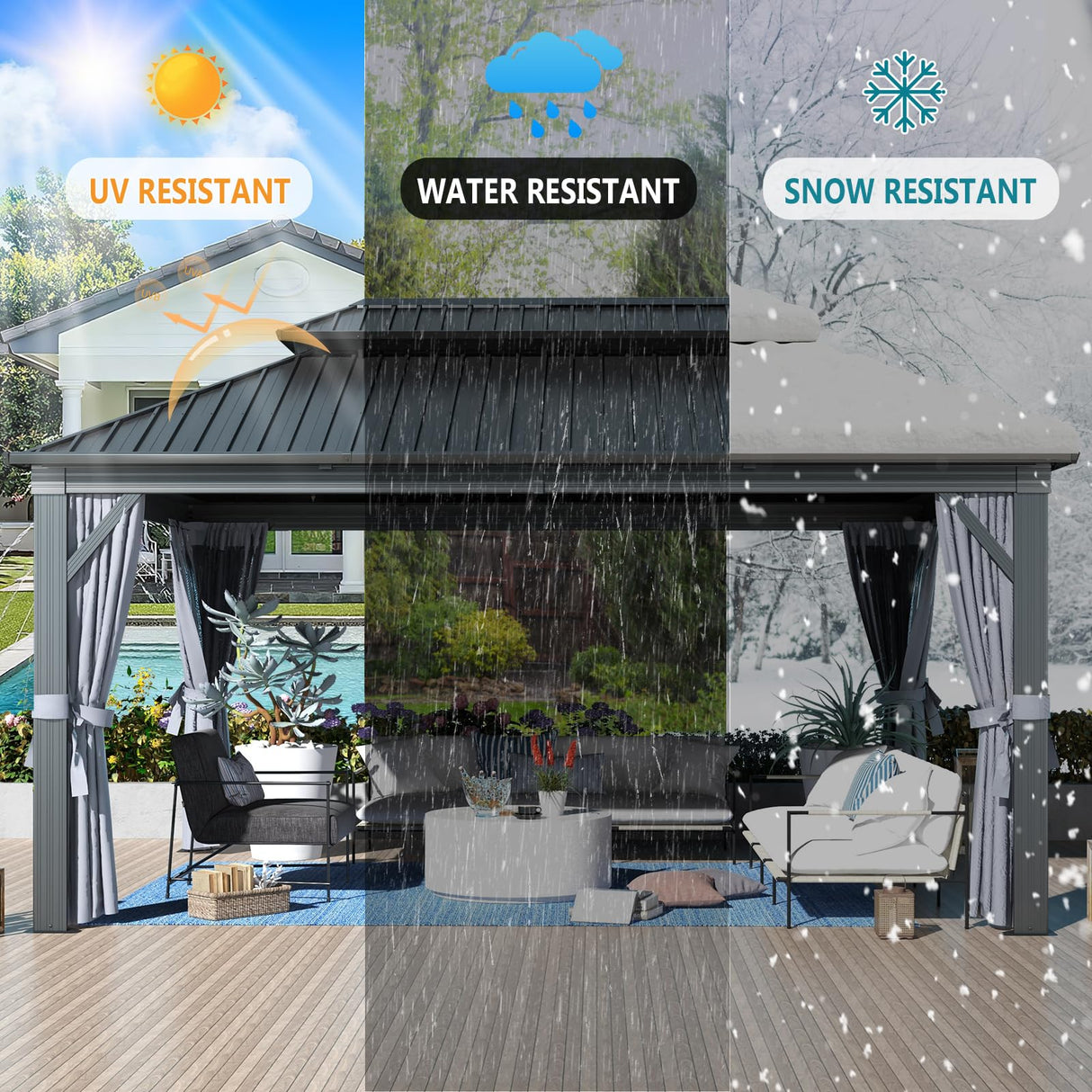 Jolydale 12' X 16' Hardtop Gazebo with Mosquito Netting and Curtains, Outdoor Gazebos with Double Roof, Galvanized Steel Permanent Aluminum Gazebo, for Gardens, Decks, Patios, Parties Jolydale