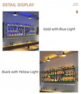 HFTUW Modern Wall Mounted Wine Rack w/LED Light, Metal Wall Bar Shelves Wall Mounted w/Glass Holder, Large Liquor Shelf for Liquor Bottles for Home Bar & Dining Room(Black-Yellow Led, 59in/150cm) HFTUW