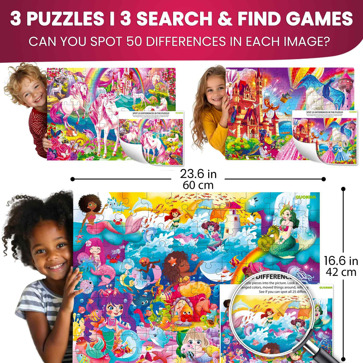 QUOKKA 100 Piece Puzzles for Kids Ages 8-10 – 3XSET Puzzles for Kids Ages 4-6 – Search & Find Mermaids Unicorns Kid Activities Included for 5-8 Year Old – Toddler Learning Toy Game Gift for Girls QUOKKA