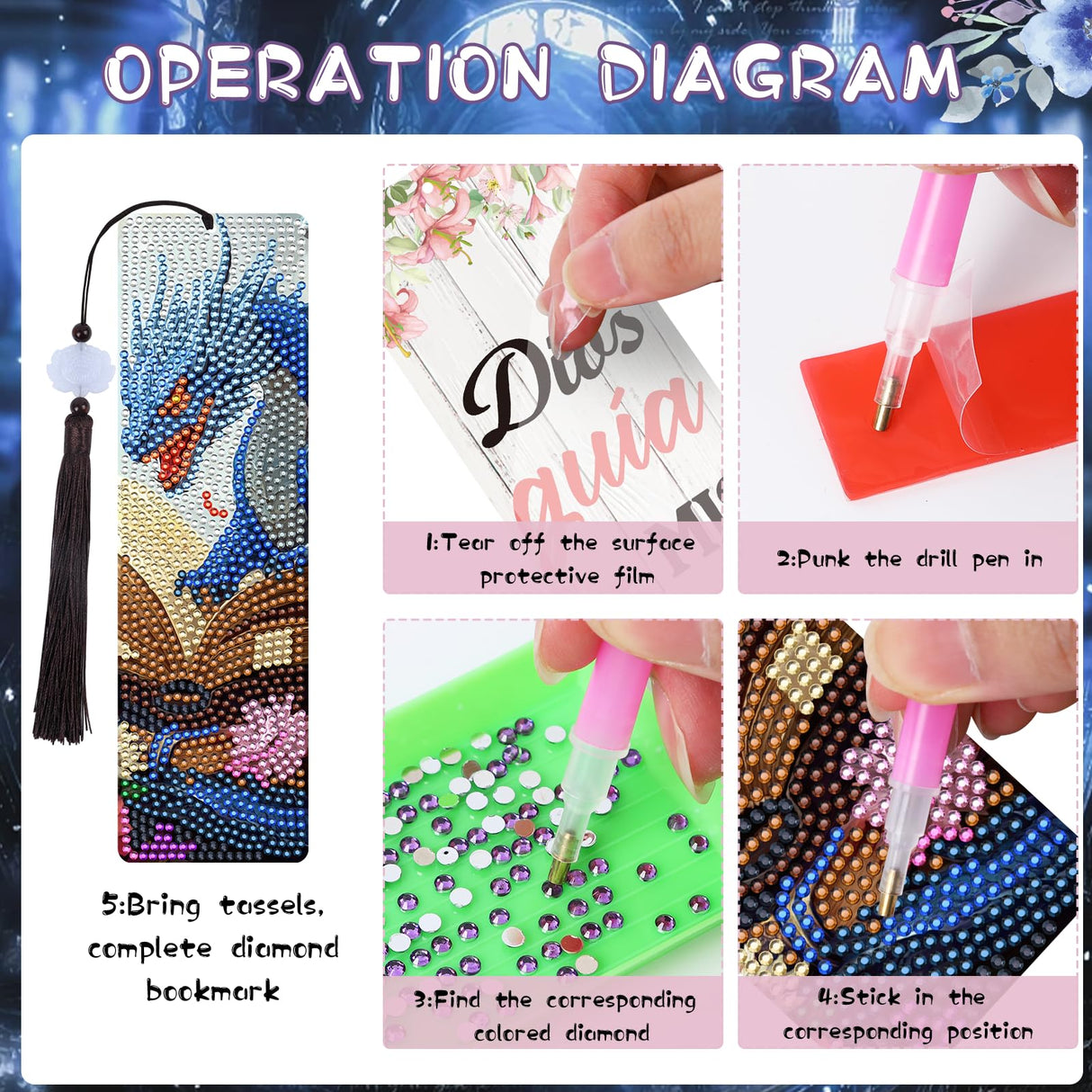 Dragon Diamond Art Bookmarks - 8 Pcs Legend Animal Dragon Diamond Painting Bookmarks with Tassels, DIY Gem Art Crafts for Adults Sitsink
