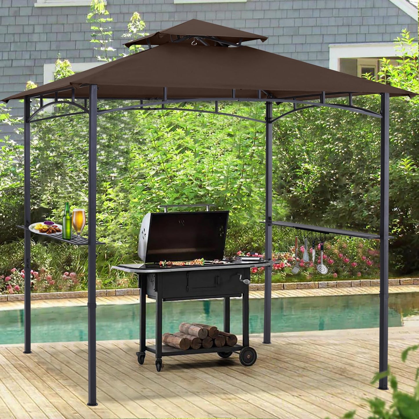 ABCCANOPY 8'x 5' Grill Gazebo Shelter, Outdoor BBQ Gazebo Canopy with LED Light (Coffee) - WoodArtSupply