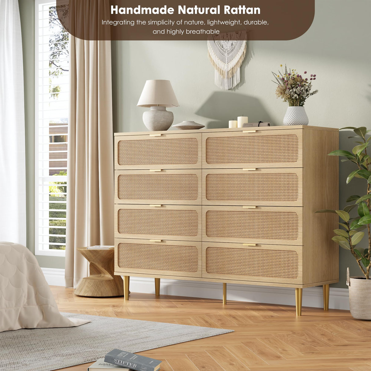 GarveeHome Rattan 8 Drawer Dressers for Bedroom, Tall Dresser with Deep Drawers, Large Chest of Drawers for Closet with Wide Top, Long Wooden Dresser for Living Room, Hallway, Kids Room, Natural GarveeHome