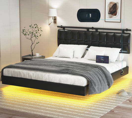 DYHOME Floating Queen Bed Frame with USB Charging Station & LED Lights - WoodArtSupply