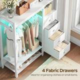 YATINEY Bedroom Dresser with Clothes Rack, 4 Drawer Dresser with Charging Station and LED Light, Chest of Drawers for Bedroom, Closet Organizer with Hanging Rack and 2-Tier Shoe Rack, White YATINEY