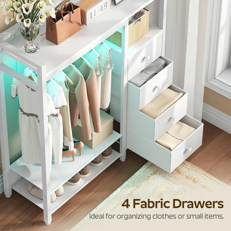 YATINEY Bedroom Dresser with Clothes Rack, 4 Drawer Dresser with Charging Station and LED Light, Chest of Drawers for Bedroom, Closet Organizer with Hanging Rack and 2-Tier Shoe Rack, White YATINEY