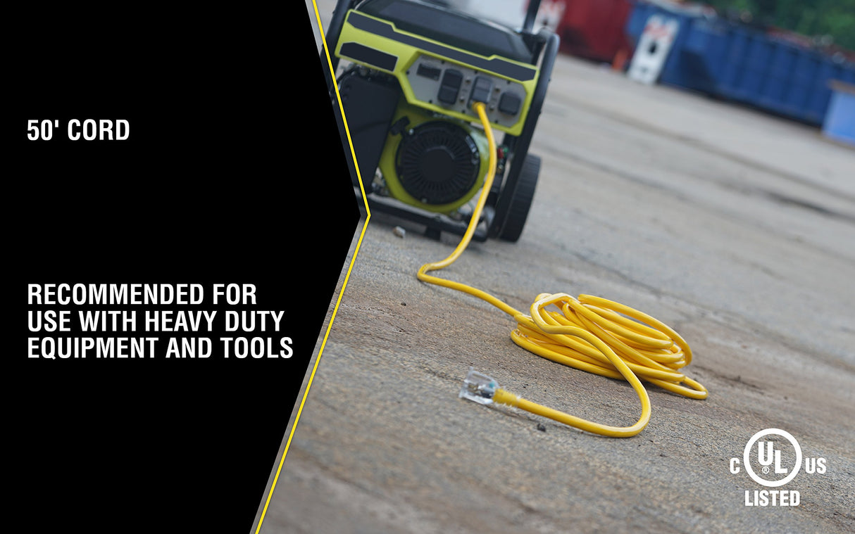 Yellow Jacket Extra Heavy Duty Extension Cord, 50Ft, 10 Gauge, 3 Conductor, Lighted End, Weather Resistant, SJTW, Yellow, 2991 Yellow Jacket