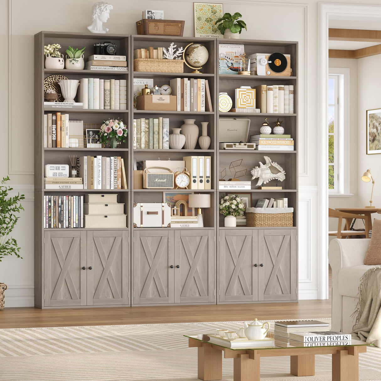 FACBOTALL 82" Tall Bookcase and Book Shelf, 24" Wide Bookshelf with Doors, 7 Tier Bookcase with Storage and Adjustable Shelf, Open and Display Farmhouse Bookshelf for Living Room, Home Office, Gray FACBOTALL