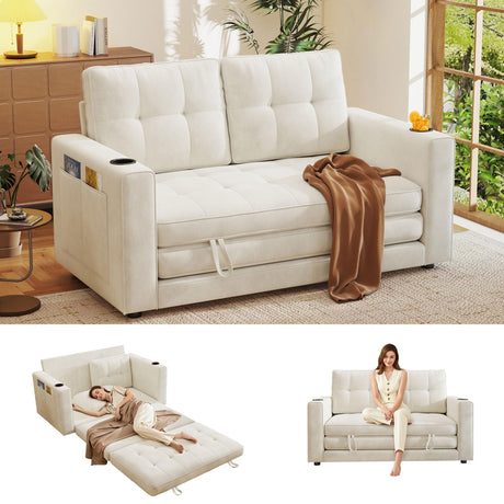 55" Convertible Folding Sofa Bed, Pull Out Couch Love Seat Sleeper Bed, Small Fold Out Loveseat Sleeper with Cup Holder and Pillow for Small Space, Bedroom Lounge, Dorm, Living Room(Beige Chenille) Urhanherry