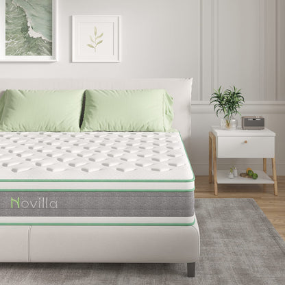 Novilla Full Mattress 12 Inch Hybrid Mattress in a Box, Innerspring Mattress with Gel Memory Foam for a Cool Sleep, Pressure Relief, Medium Firm Mattress with Pillow Top, Groove