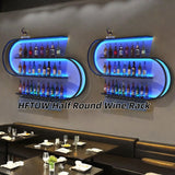 HFTUW 39 Inch Wall-Mounted Wine Rack with Led Light, 4-Tier Half Round Bar Shelves, Industrial Metal Display Storage Shelf & Wine Glass Hooks for Home Bar, Dining Room(Black-Blue Led, 39in/100cm) HFTUW