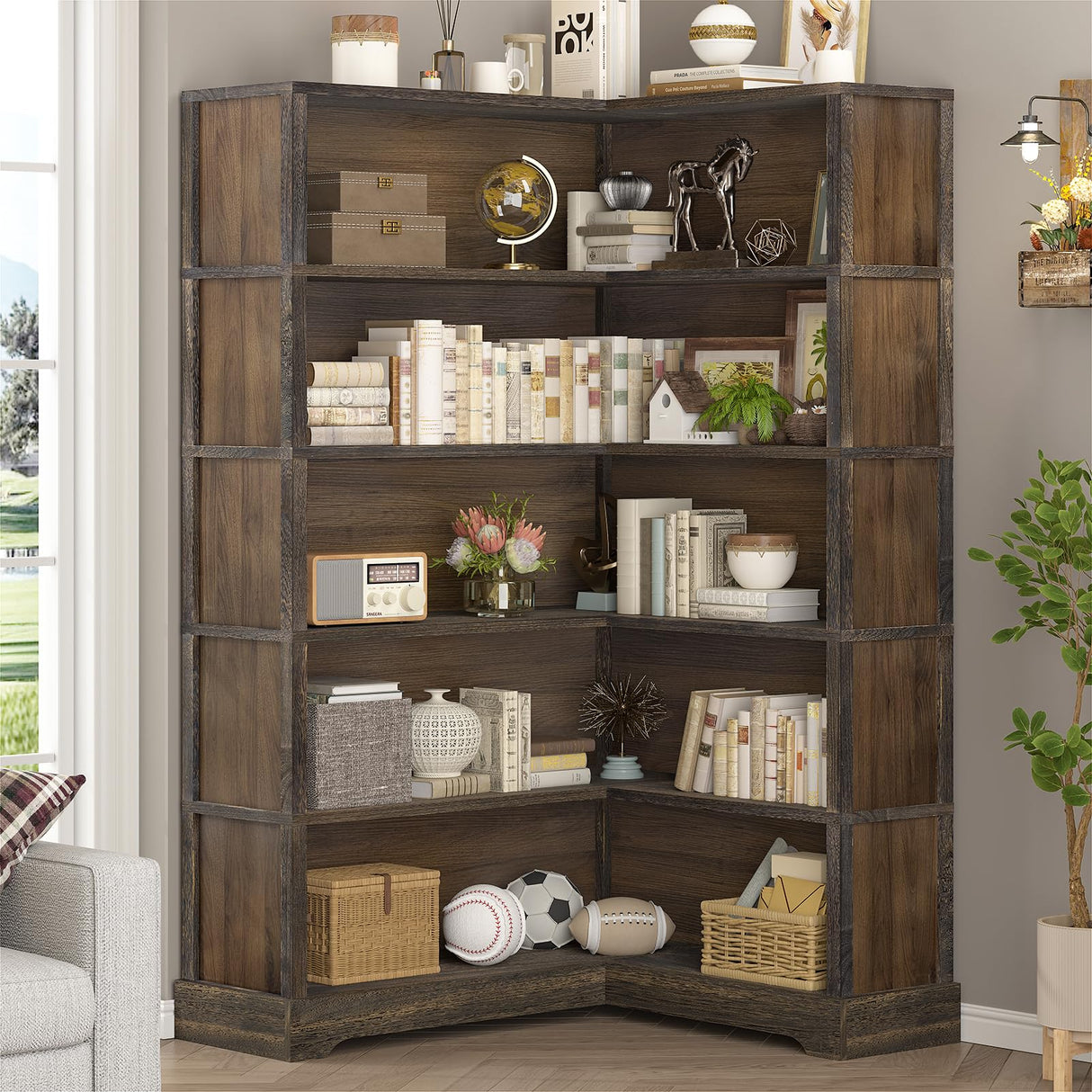 TVU Wood Corner Book Shelf, 5 Tier 65 Inch Tall Bookshelf with Storage, Floor Standing Display Book Shelf for Living Room, Kitchen, Home Office, Rustic Brown TVU