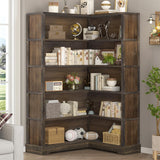 TVU Wood Corner Book Shelf, 5 Tier 65 Inch Tall Bookshelf with Storage, Floor Standing Display Book Shelf for Living Room, Kitchen, Home Office, Rustic Brown TVU