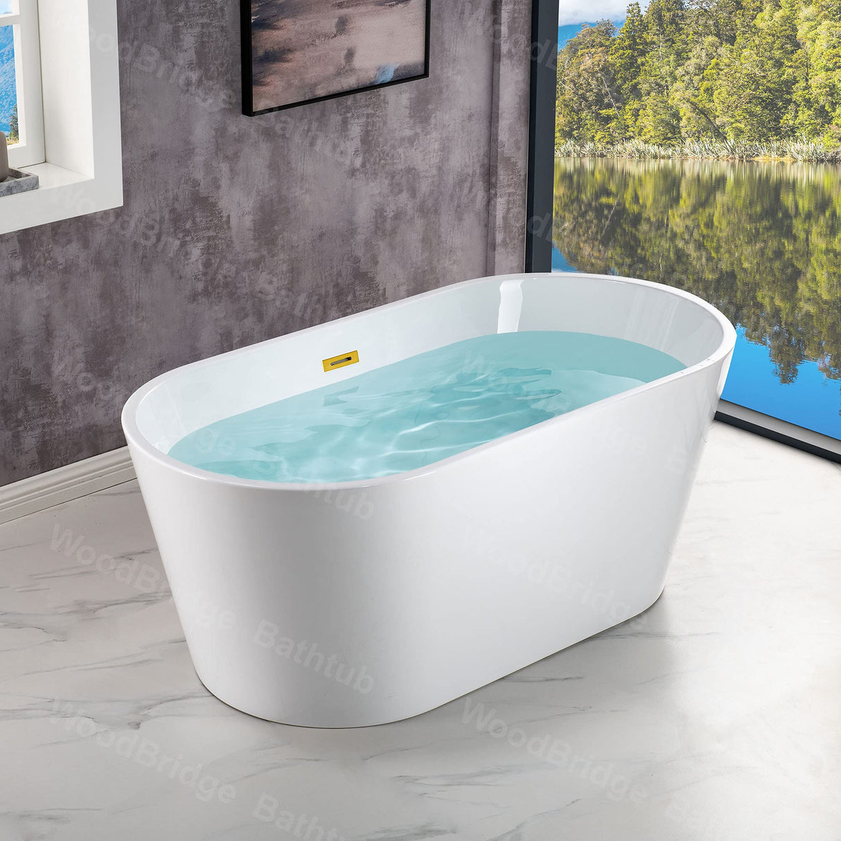 WOODBRIDGE 54" Acrylic Freestanding Bathtub Contemporary Soaking White Tub with Brushed Gold Overflow and Drain，BTA1702-BG WOODBRIDGE