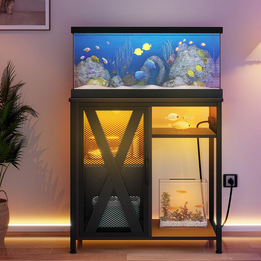 DWVO 20-29 Gallon Aquarium Stand with Power Outlets & LED Light, Cabinet for Fish Tank Accessories Storage - Metal Fish Tank Stand Suitable for Turtle Tank, Reptile Terrarium, 350LBS Capacity, Black