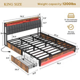YITAHOME King Size Bed Frame with RGB LED Lights and 4 Drawers, Upholstered Platform Bed with Charging Station and Storage Headboard, No Box Spring Needed, Noise-Free, Fast Assembly, Rustic Brown YITAHOME