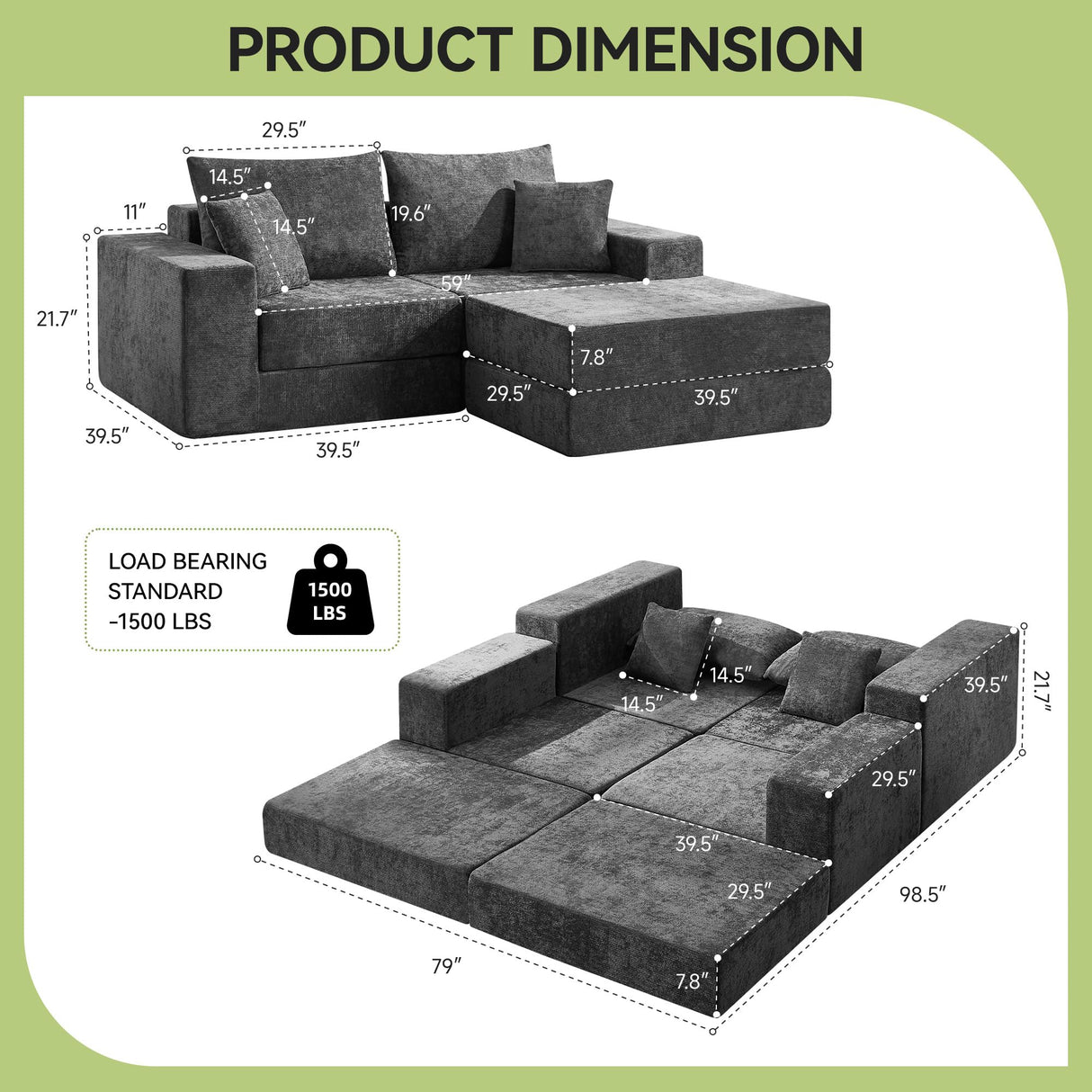 79" Boneless Cloud Loveseat Sofa Couch, Modular Foldable Floor Sofa with Ottoman, Chenille Lounge Convertible Sofa Bed for Living Room, No Assembly, Dark Grey Hatppto